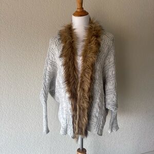 Military Hippie Boho Faux Fur Trim Cardigan Cable Knit One Size Fits Most